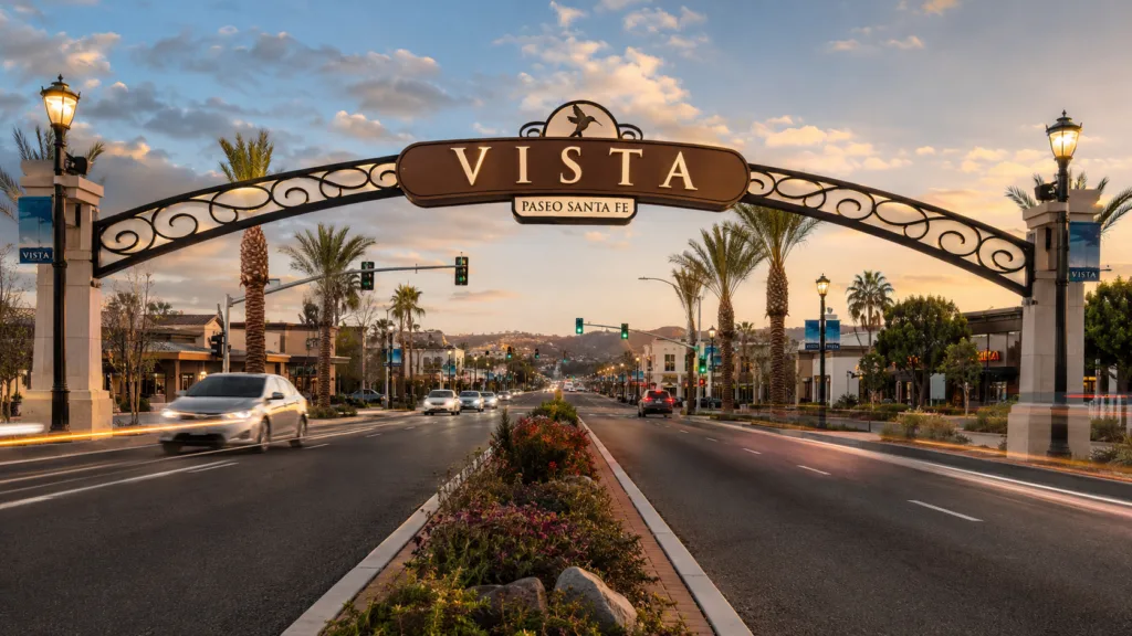 Paseo Santa Fe gateway arch in downtown Vista California