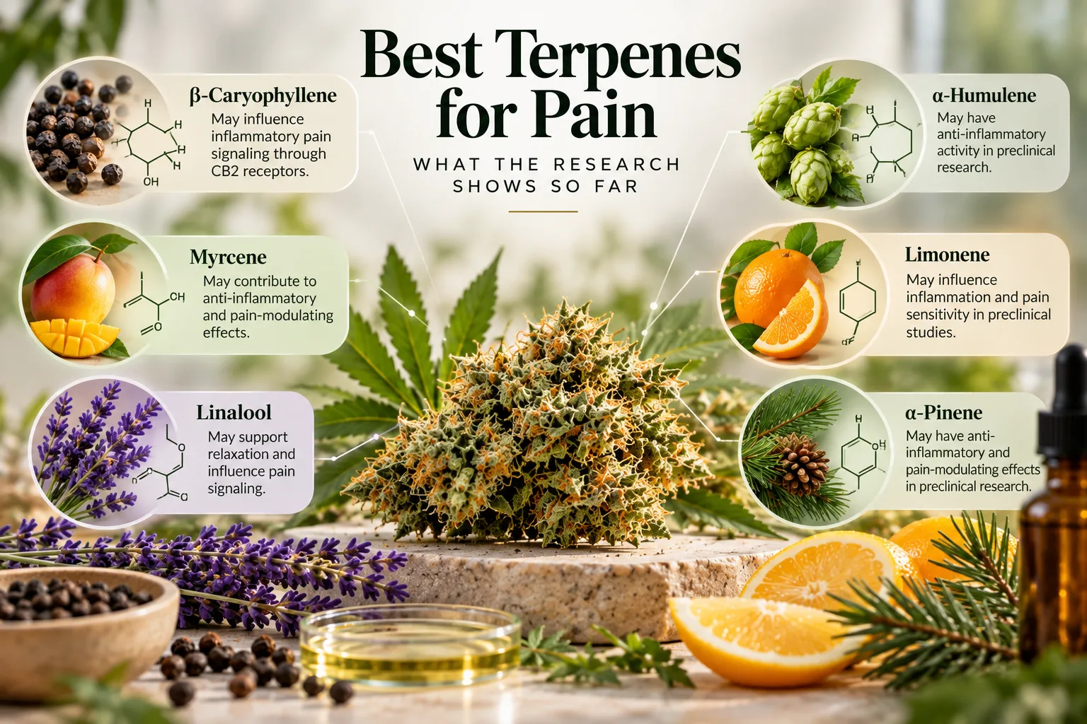 Educational cannabis infographic showing the best terpenes for pain, including beta-caryophyllene, myrcene, linalool, humulene, limonene, and alpha-pinene around a cannabis flower