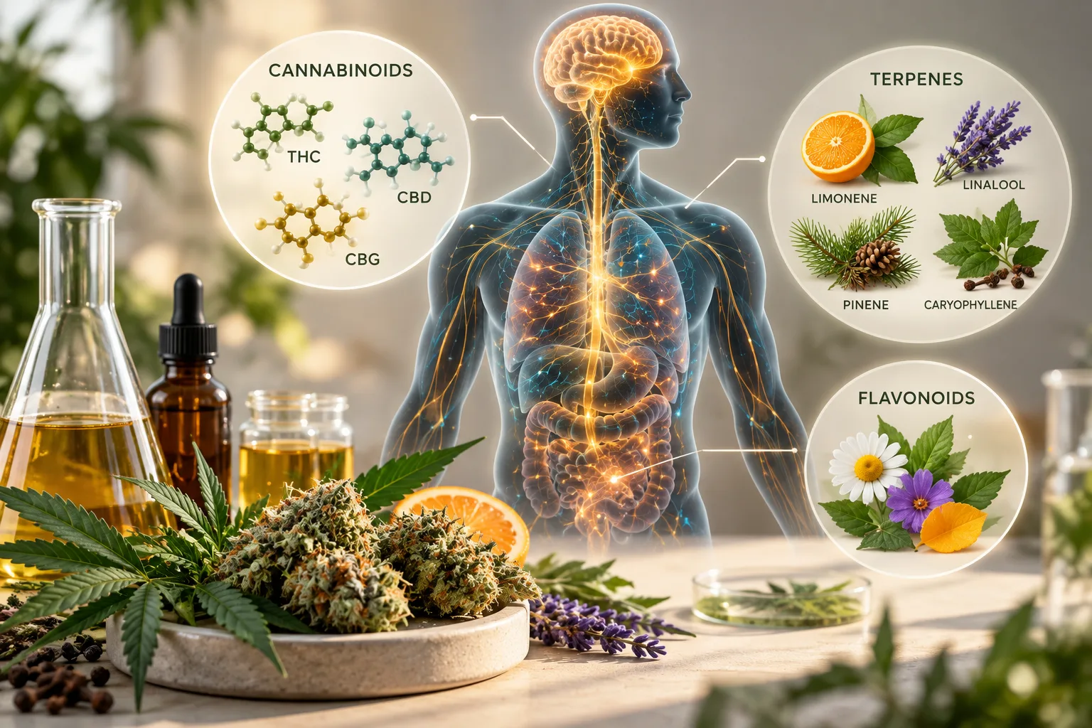 Human body illustration surrounded by cannabinoids, terpenes, flavonoids, cannabis flower, and botanical compounds representing the entourage effect